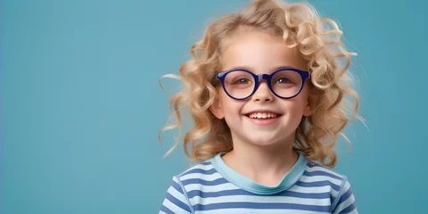 Fotobehang Happy little curly blond girl with big eyeglasses. Isolated on solid blue background © A8Artprints