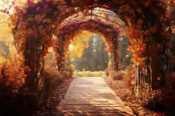 Beautiful love nature scene of romantic tunnel decorated with beautiful trees during the autumn season, park with orange leaves that falling on floor.