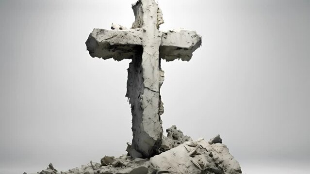 Concept photo of a stone cross, weathered and cracked but still standing strong, a symbol of enduring faith and belief.