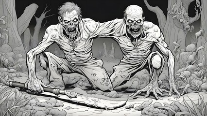  black and white, coloring book page,      A zombie with skin and brains, crawling out of the ground attached to another zombie