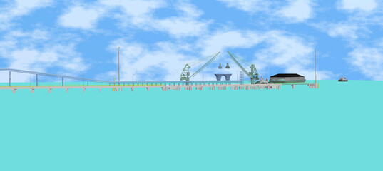 coal ship parking unloading jetty 3D illustration