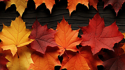 Square frame of autumn maple leaves on ancient wooden boards. The concept of colorful autumn