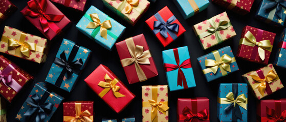 Top view of many colorful gift boxes with ribbons on black background.