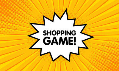 Shopping game sign. Flat, yellow, explosion sign, shopping game icon. Vector icon