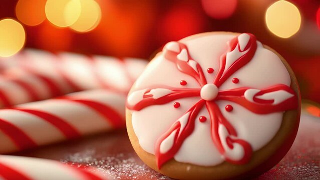 Closeup of a festive sugar cookie with cookie icing in the shape of a red and white peppermint candy.