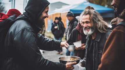 Volunteers giving food to homeless