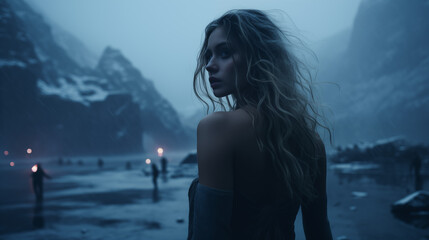 Nordic woman in front of glaciers in twightlight  - obrazy, fototapety, plakaty
