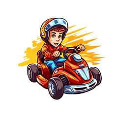 KID RACE CARTOON WITH GOCAR FLAT ILLUSTRATION T SHIRT