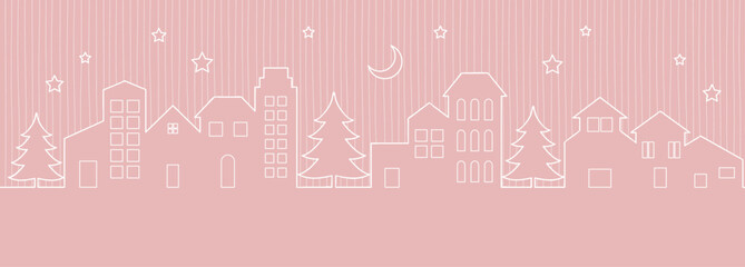 Night in the city outline vector, cityscape under the moon and stars doodle design header illustration