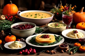 Fototapeta na wymiar Happy thanksgiving concept thanksgiving day celebration dinner setting with traditional meal and food green beans mashed potatoes cranberry sauce pumpkin soup autumn fruits vegetables 