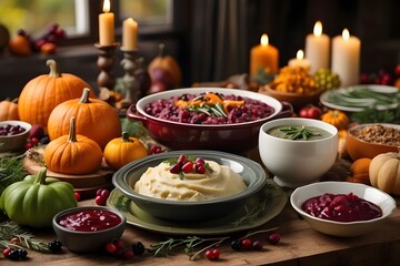 Happy thanksgiving concept thanksgiving day celebration dinner setting with traditional meal and food green beans mashed potatoes cranberry sauce pumpkin soup autumn fruits vegetables
