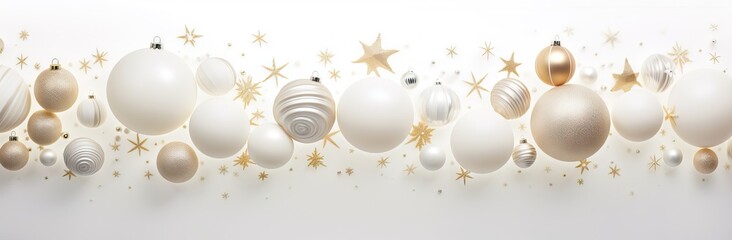 Silver and gold Christmas balls on white background with stars and sparkles. New year decoration, festive atmosphere concept. Banner with copy space