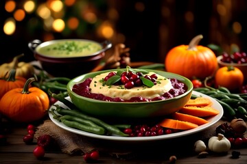 Happy thanksgiving concept thanksgiving day celebration dinner setting with traditional meal and food green beans mashed potatoes cranberry sauce pumpkin soup autumn fruits vegetables
