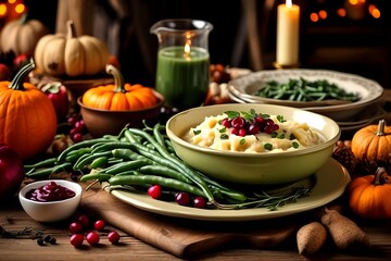 Happy thanksgiving concept thanksgiving day celebration dinner setting with traditional meal and food green beans mashed potatoes cranberry sauce pumpkin soup autumn fruits vegetables
