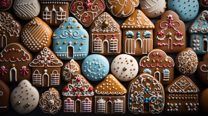 Gingerbread cookies on a dark background. Christmas and New Year concept. - obrazy, fototapety, plakaty