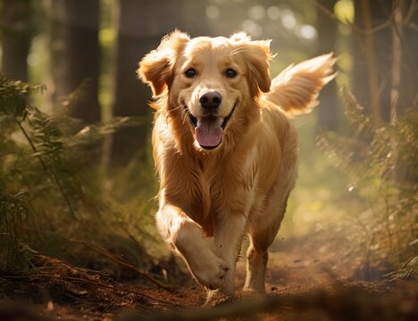 A Playful Dog Enjoying a Run Through the Serene Woods