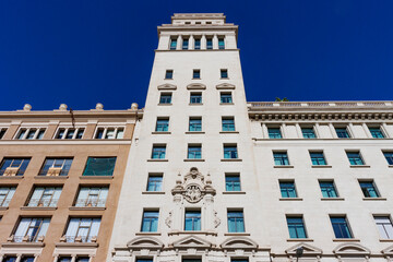 Obraz premium Facade of an old office building at plaza Catalunya square in Barcelona, Catalonia, Spain, Europe