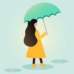 A girl with long dark hair in a yellow raincoat and an umbrella