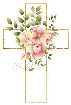 Graphic Easter Cross Clipart, Spring Floral Arrangements, Baptism Crosses DIY Invitation, roses and greenery wedding clipart, Golden frame and foliage, Holy Spirit, Religious