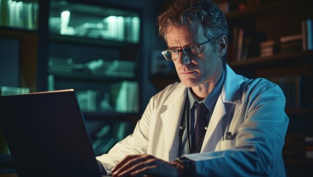 A Scientist in a Lab Coat Conducting Research on a Laptop
