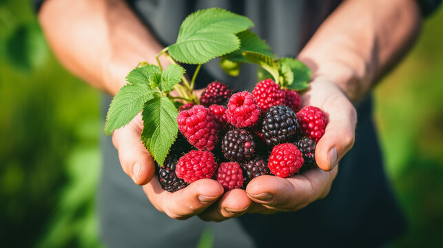close-up of ripe blackberry fruits in hands.Generative AI