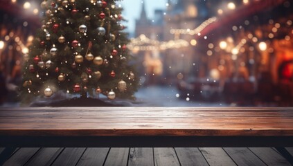A Cozy Christmas Scene with a Rustic Wooden Table and Festive Tree