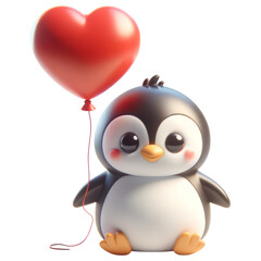 3D Penguin holding heart balloon transparent background