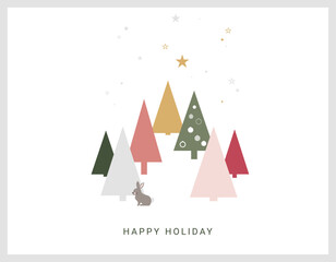 Elegant Pastel Christmas forest with snow hare, bunny and Stars, christmas card,  Vector Illustration, happy holiday