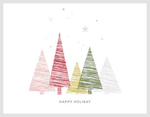 Scribble of Elegant Pastel Christmas Trees with Stars, christmas card,  Vector Illustration, happy holiday