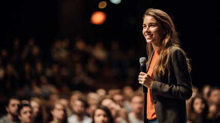 Female Presenter and Audience During Presentation. Blurred Female Speaker Photo at Conference Meeting. Woman Presenter on Stage at Business Seminar. Lecturer Giving Speech. People Attend Presentation.