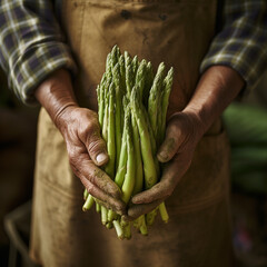 Close up of hands holding freshly picked asparagus in spring vegetable, kitchen garden.Generative AI