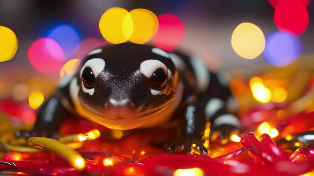 A curious salamander perched atop a candy cane, its slick skin glistening in the Christmas lights as it gazes at the festive surroundings.