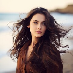 Fototapeta premium On the beach, a carefree gorgeous brunette with damp hair and long hair Natural feminine beauty Warm color palette Outdoor horizontal copy space for your text.