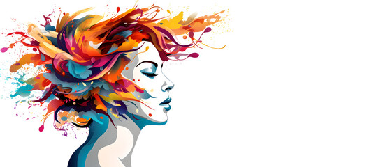 Obraz premium Mental health and creative abstract concept, Colorful illustration of happy women head in paint splatter style on white background