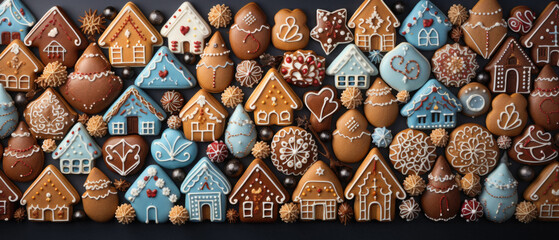 Gingerbread cookies and gingerbread in the form of houses on a black background. - obrazy, fototapety, plakaty
