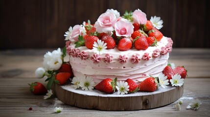 Celebration cake with strawberry blooms on a rustic shabby board.