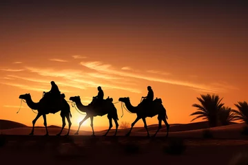 Foto op Plexiglas Silhouette of the three wise men traveling on camels to Bethlehem for the birth of baby Jesus © ink drop