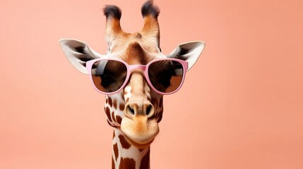 Funny giraffe in sunglasses isolated on pink background. Close-up. - obrazy, fototapety, plakaty