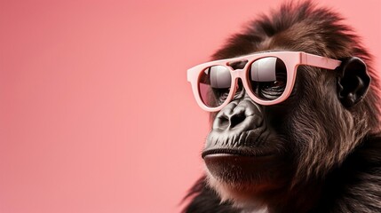 Close-up portrait of a stylish gorilla wearing sunglasses. Studio shot.