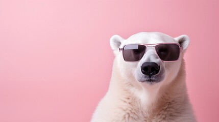 White polar bear wearing sunglasses on a pink background with copy space.