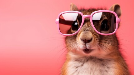 Funny squirrel wearing pink sunglasses on a pink background.