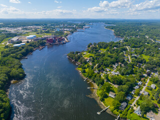 Piscataqua River aerial view in summer that divided Portsmouth, New Hampshire NH on the left and Eliot, Maine ME on the right, USA.  - obrazy, fototapety, plakaty