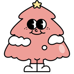 Pink Christmas tree in trendy retro cartoon doodle style. Cute Groovy hippie 70s aesthetic for Merry Christmas and Happy New year greeting card, poster, party invitation. 
