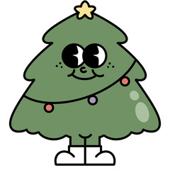 Christmas tree ornament retro cartoon doodle style. Cute Groovy hippie 70s aesthetic for Merry Christmas and Happy New year greeting card, poster, party invitation. 