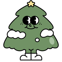 Christmas tree snowing retro cartoon doodle style. Cute Groovy hippie 70s aesthetic for Merry Christmas and Happy New year greeting card, poster, party invitation. 