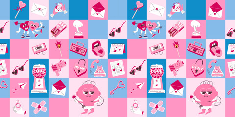 Seamless pattern for Valentine's Day. Vector background with character heart, cute cupid and other elements.