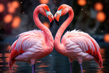Two flamingos together forming a heart with their necks. Valentine's Day concept