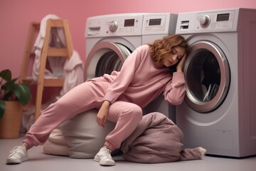 Woman irritated about laundry. Housewife in the laundry room near the washing machine with dirty clothes. Creative concept about female housework and routine. Pink pastel colors