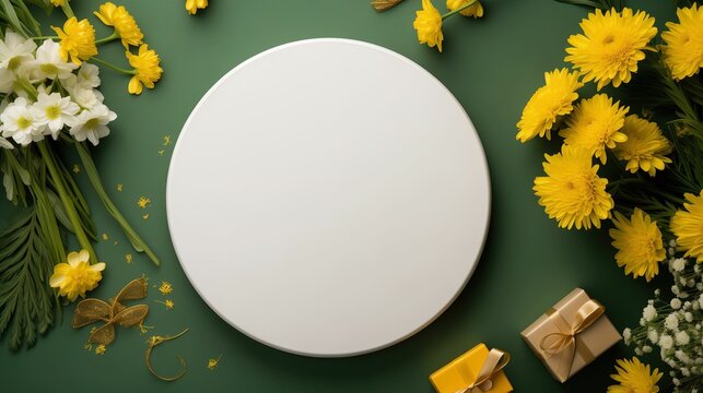 Frame with flowers. Flat lay composition with natural cosmetic products and flowers on green background.