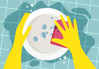 Hands in a yellow rubber gloves with a pink cleaning sponge washing a dish on a green background with a copy space - obrazy, fototapety, plakaty
